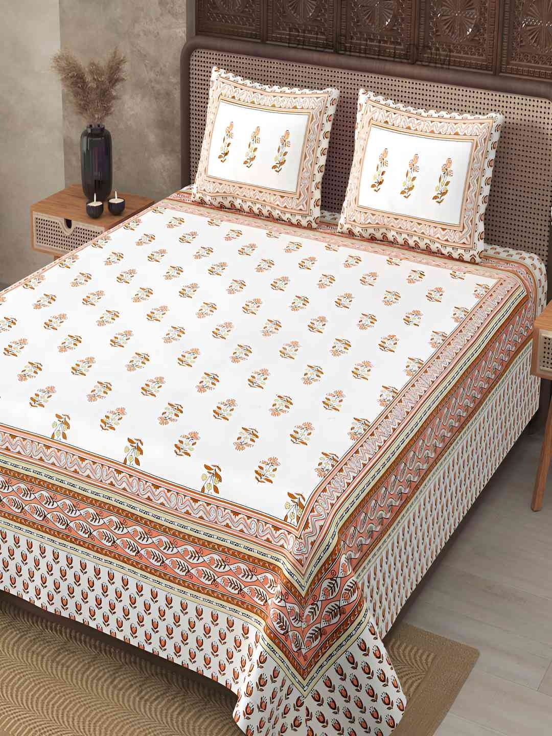 

BED-SHEET.COM Peach & White Floral Cotton 240 TC King Bedsheet With 2 Pillow Covers