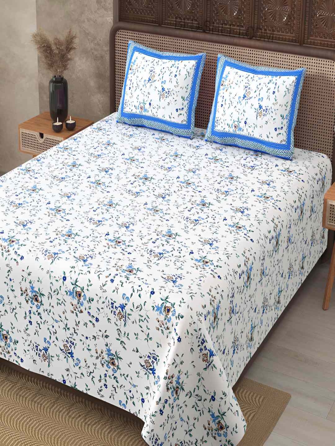 

BED-SHEET.COM Blue & White Floral Cotton 240 TC King Bedsheet With 2 Pillow Covers