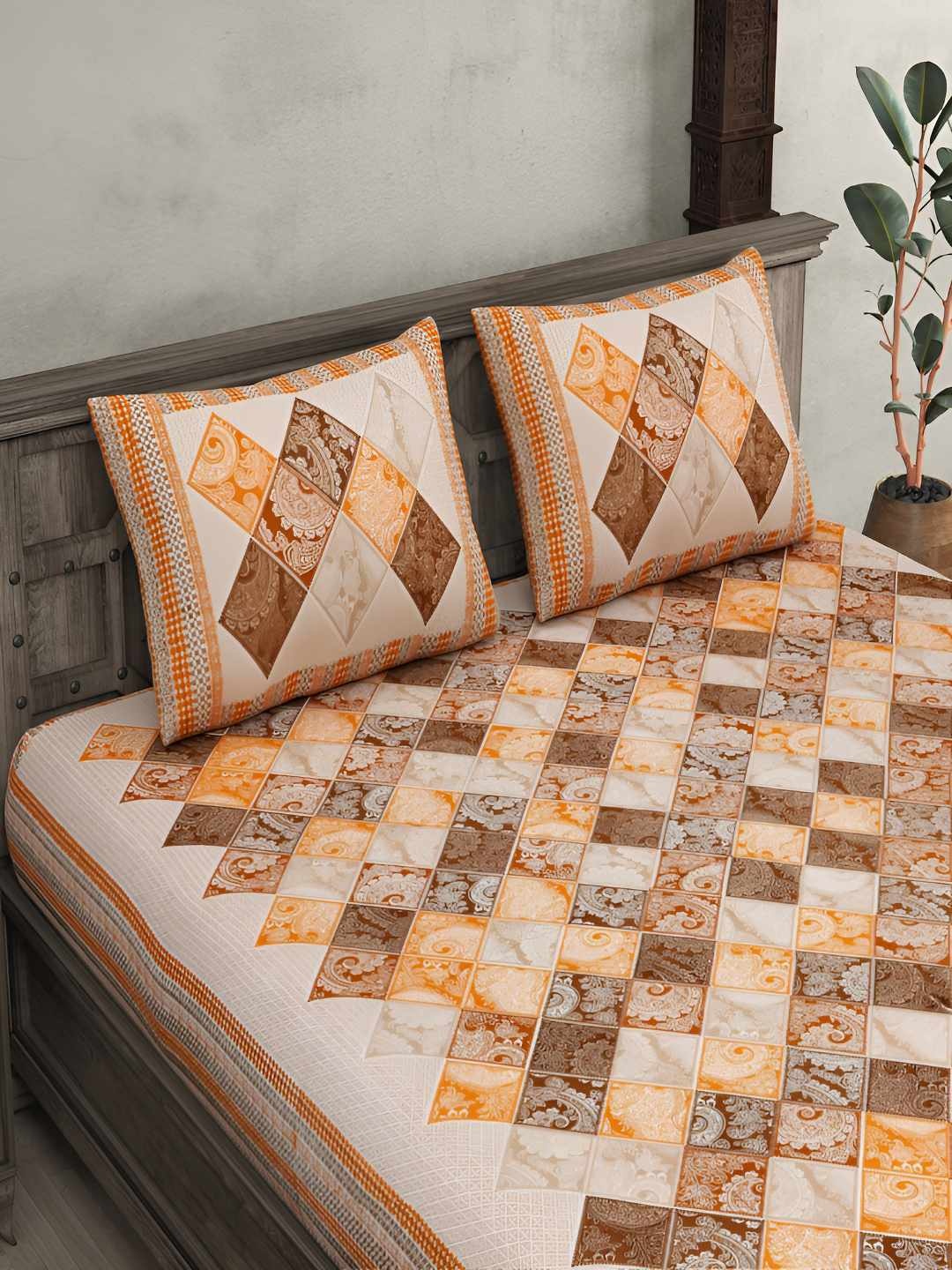 

BED-SHEET.COM Orange & Brown Ethnic Motifs 140 TC King Bedsheet With 2 Pillow Covers