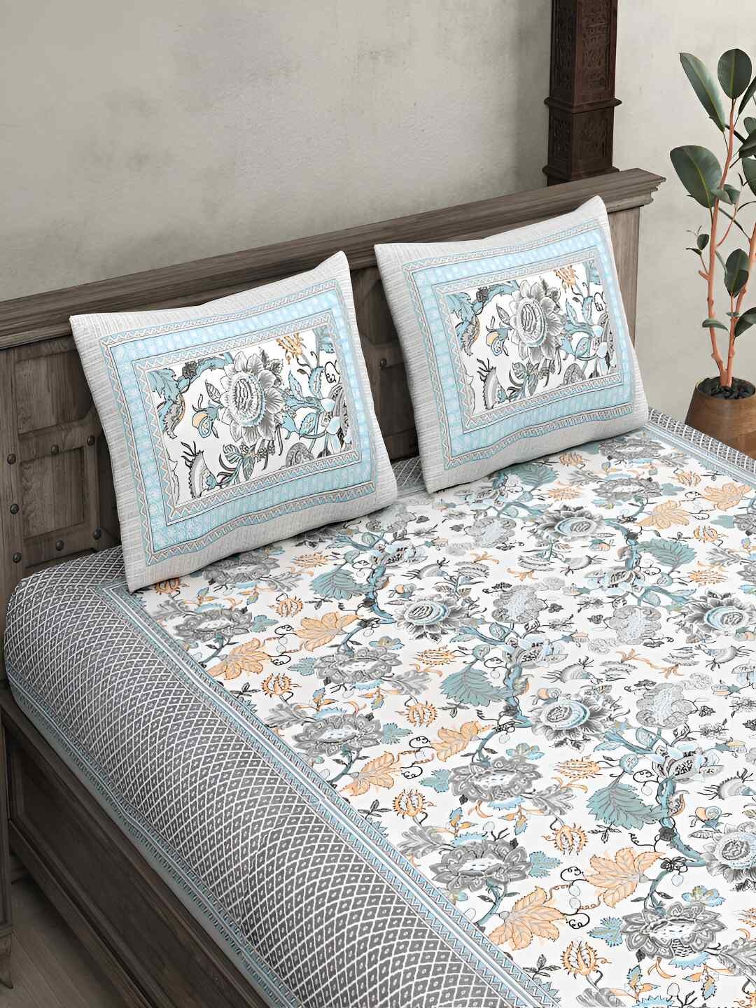 

BED-SHEET.COM White & Grey Floral 140 TC Cotton King Bedsheet with 2 Pillow Covers