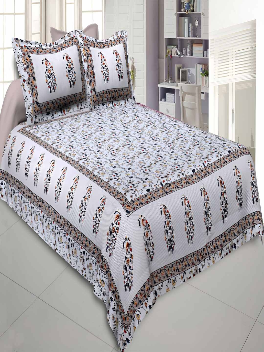 

BED-SHEET.COM Beige & Red Floral Cotton 140 TC King Bedsheet With 2 Pillow Covers