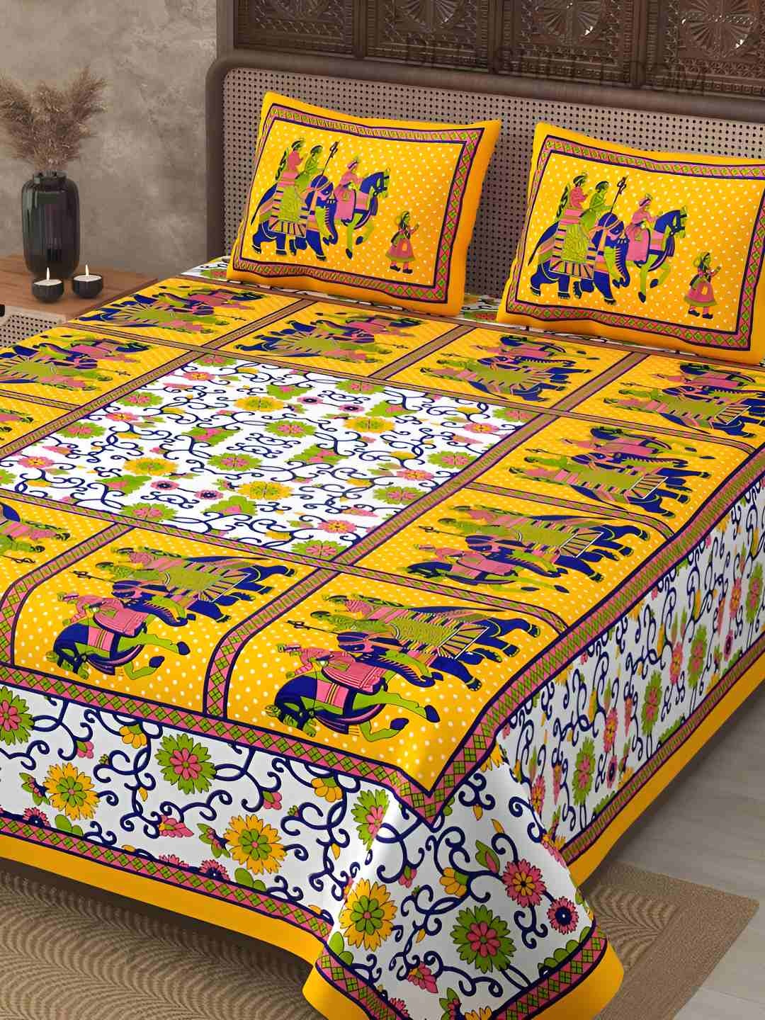 

BED-SHEET.COM Yellow & White Floral Cotton 140 TC King Bedsheet With 2 Pillow Covers