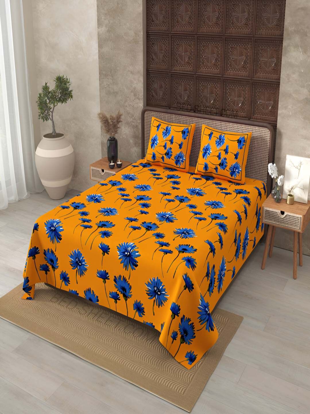 

BED-SHEET.COM Yellow & Blue Floral 240 TC Cotton King Bedsheet With 2 Pillow Covers