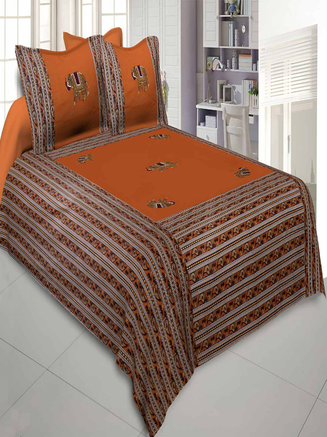 

BED-SHEET.COM Mustard & Rust Ethnic Motifs 300 TC King Bedsheet With 2 Pillow Covers