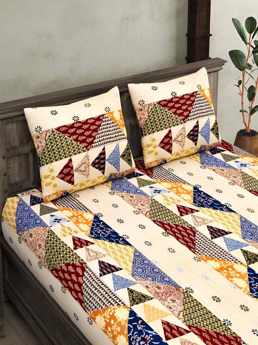 

BED-SHEET.COM Cream & Blue Geometric Pure Cotton 300 TC King Bedsheet With 2 Pillow Covers