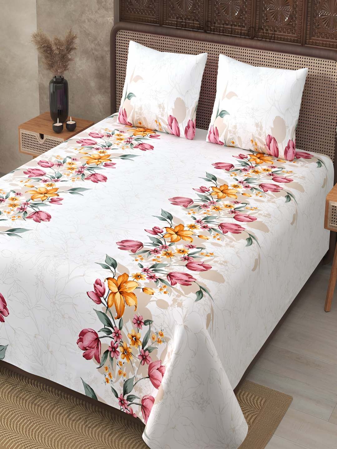 

BED-SHEET.COM Pink & White Floral Cotton 300 TC King Bedsheet With 2 Pillow Covers