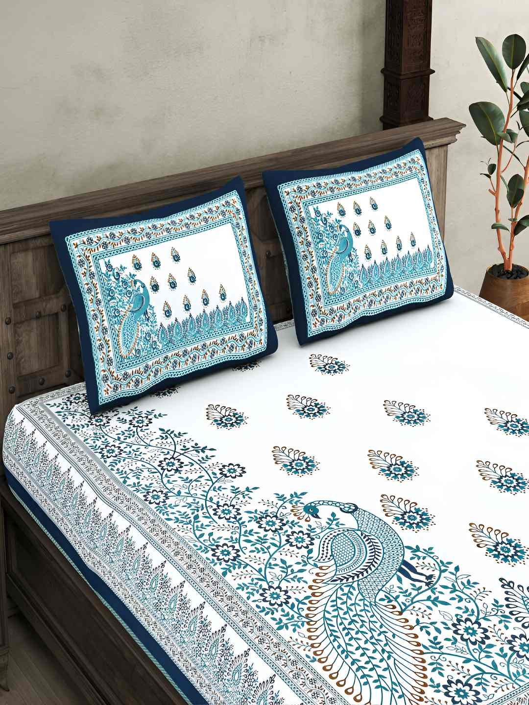 

BED-SHEET.COM Blue & White Ethnic Motifs Pure Cotton 300 TC King Bedsheet &2 Pillow Covers
