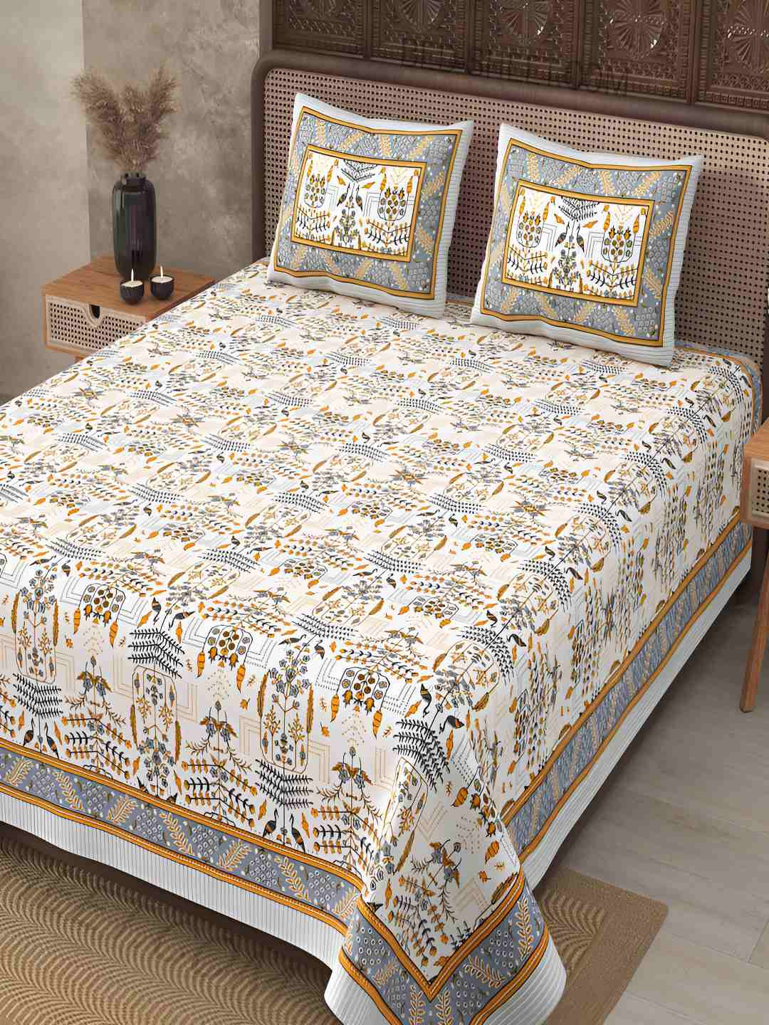 

BED-SHEET.COM White & Blue Ethnic Motifs Cotton 240TC King Bedsheet With 2 Pillow Covers