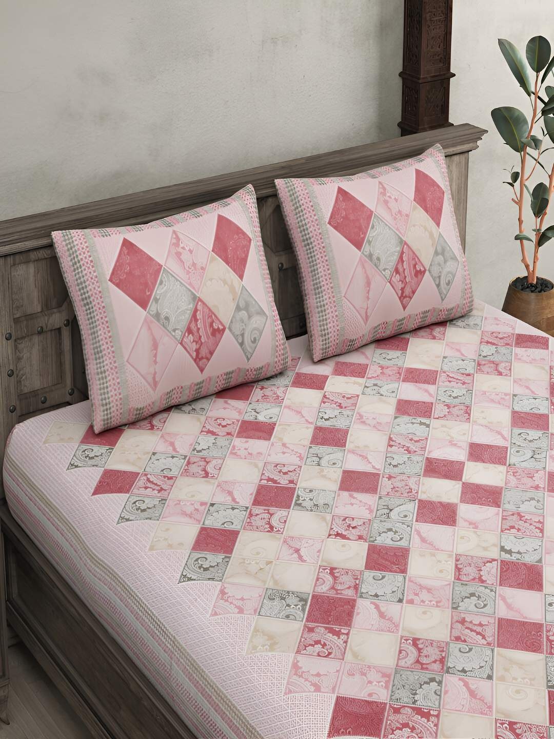 

BED-SHEET.COM Pink & Grey Ethnic Motifs Cotton 140 TC King Bedsheet With 2 Pillow Covers