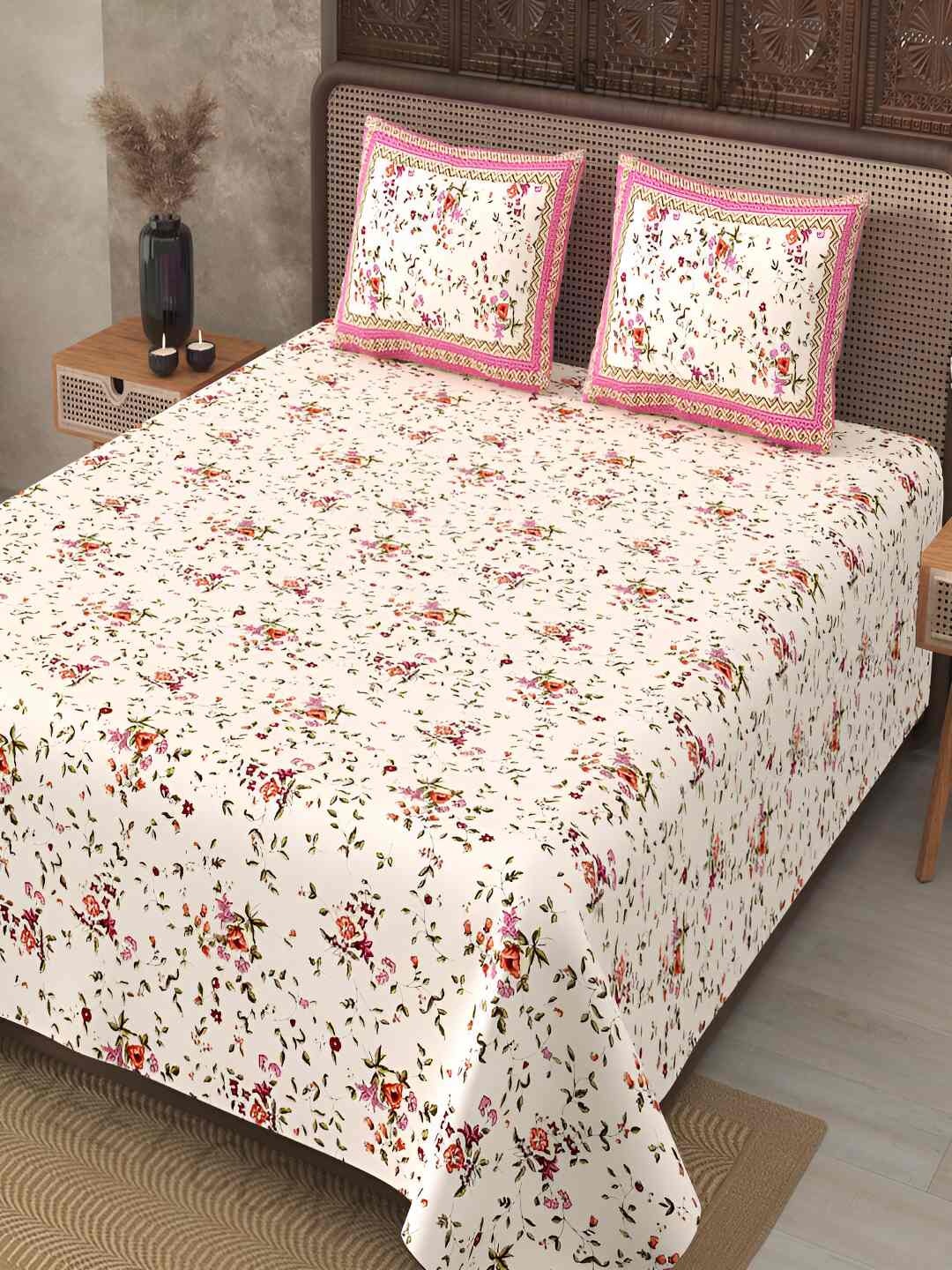 

BED-SHEET.COM Pink & White Floral Cotton 240 TC King Bedsheet With 2 Pillow Covers