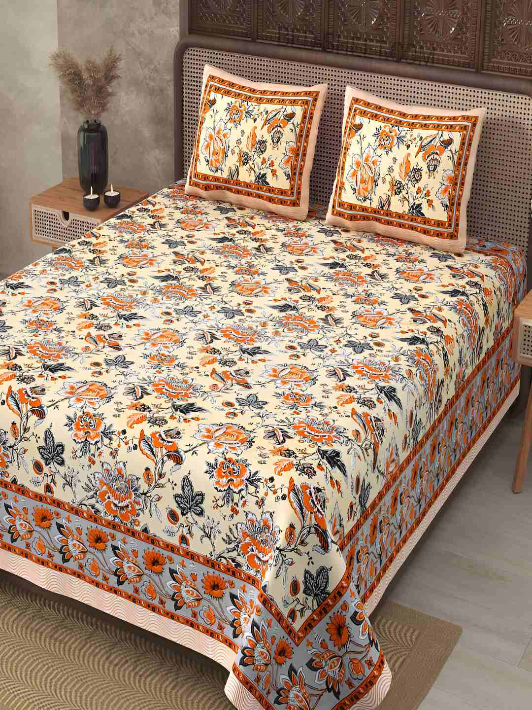 

BED-SHEET.COM Brown & White Floral Cotton 240 TC King Bedsheet With 2 Pillow Covers
