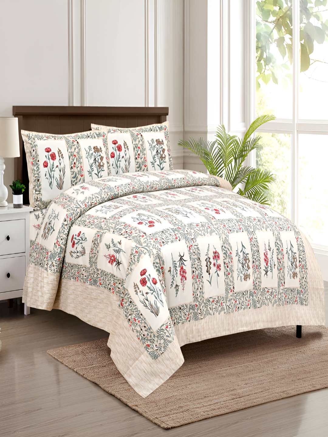 

BED-SHEET.COM Pink & White Floral Cotton 140 TC King Bedsheet With 2 Pillow Covers