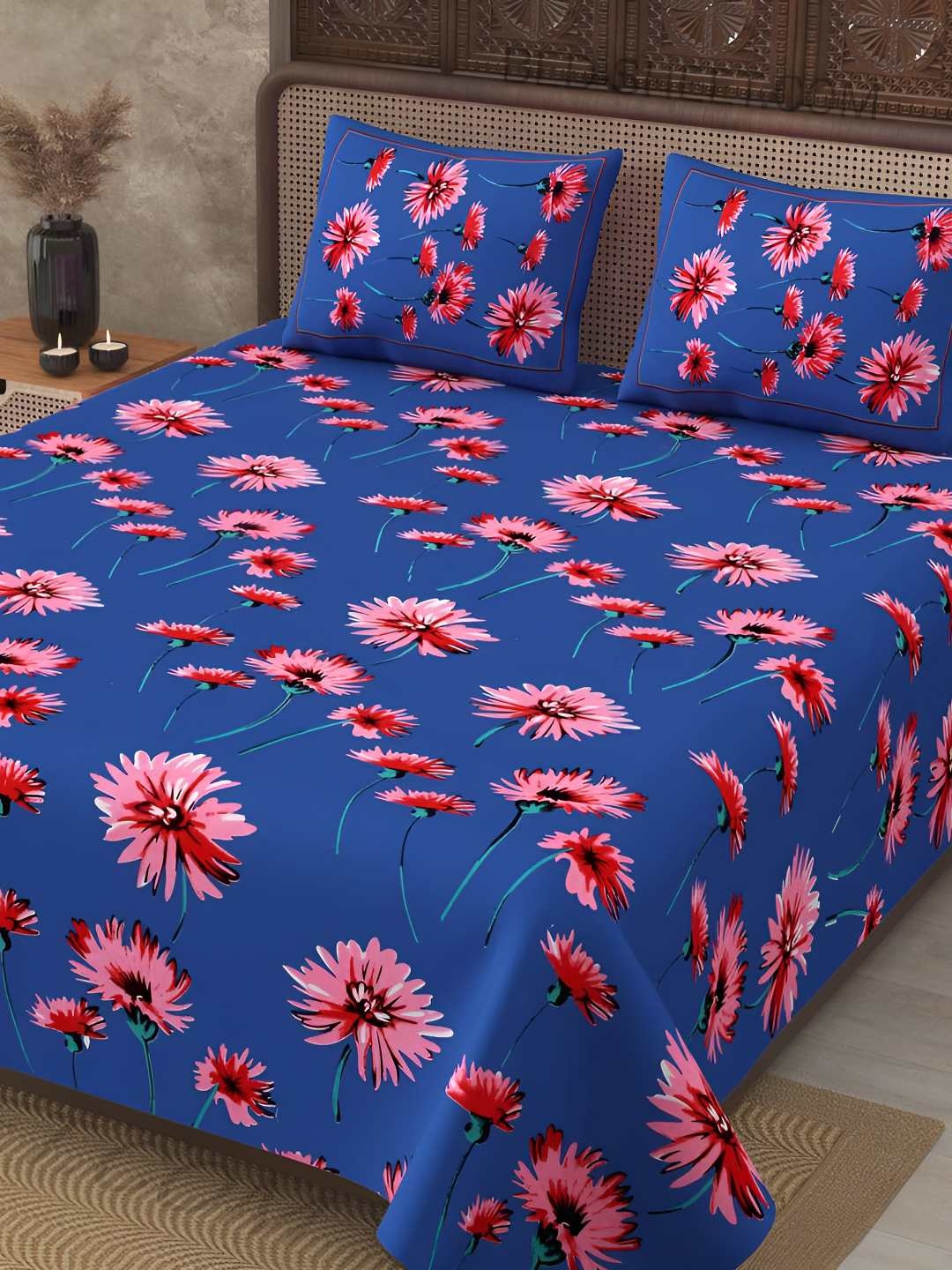 

BED-SHEET.COM Blue & Pink Floral Cotton 240TC King Bedsheet With 2 Pillow Covers