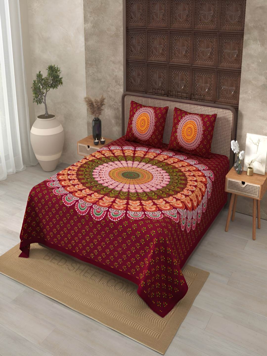 

BED-SHEET.COM Purple & Orange Ethnic Motifs Cotton 240 TC King Bedsheet & 2 Pillow Covers