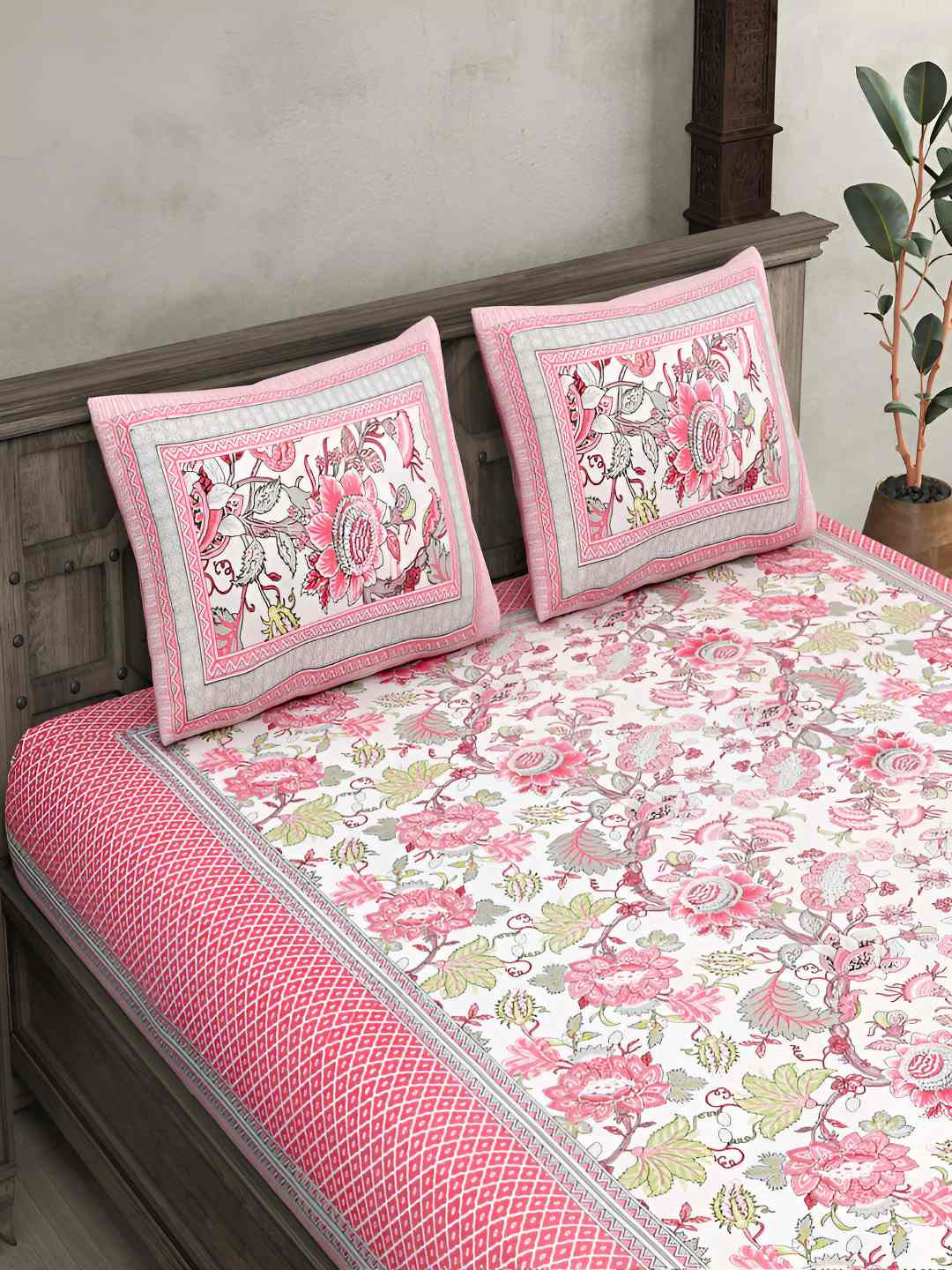 

BED-SHEET.COM Pink & White Ethnic Motifs Cotton 140 TC King Bedsheet With 2 Pillow Covers