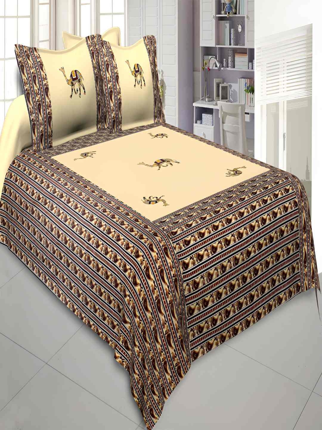 

BED-SHEET.COM Blue & Beige Ethnic Motifs Cotton 180 TC King Bedsheet With 2 Pillow Covers