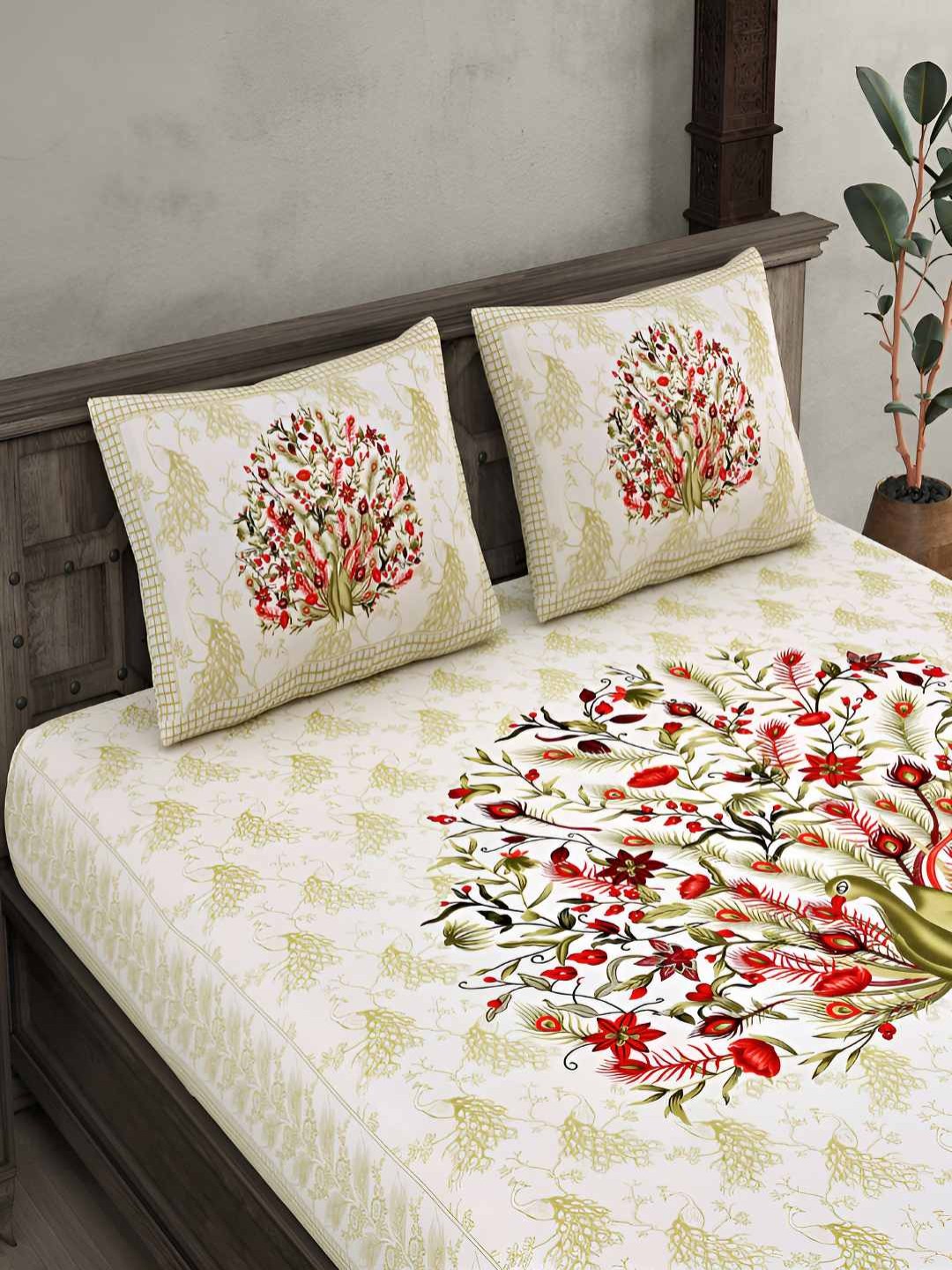 

BED-SHEET.COM Green & White Floral Cotton 140 TC King Bedsheet With 2 Pillow Covers