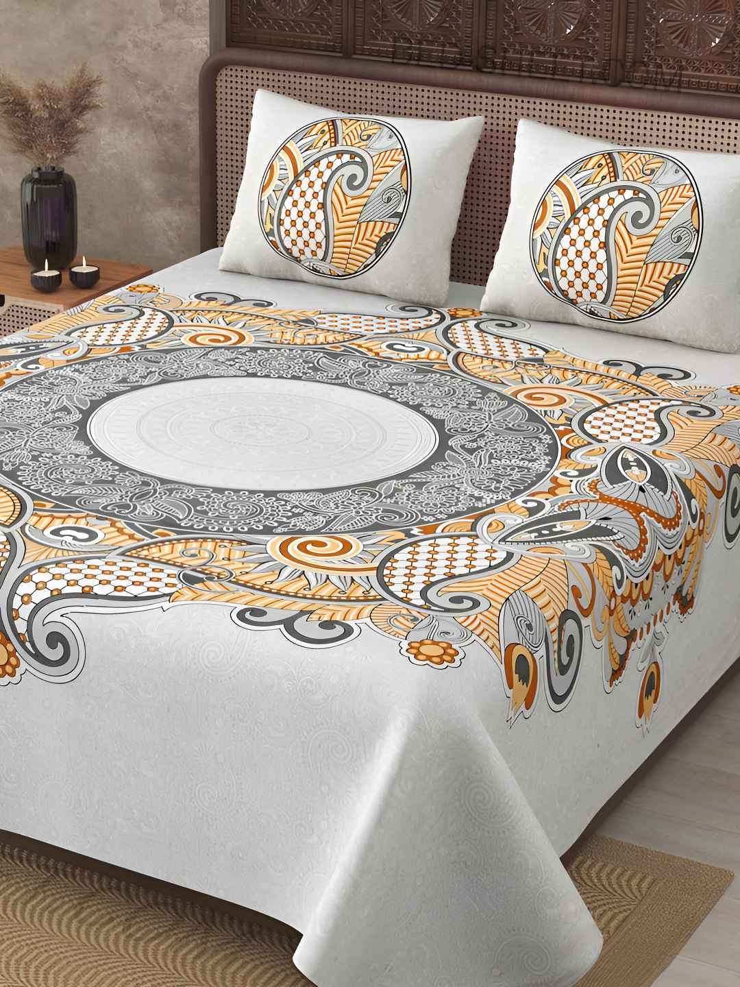

BED-SHEET.COM Grey & Orange Ethnic Motifs Cotton 240 TC King Bedsheet With 2 Pillow Covers