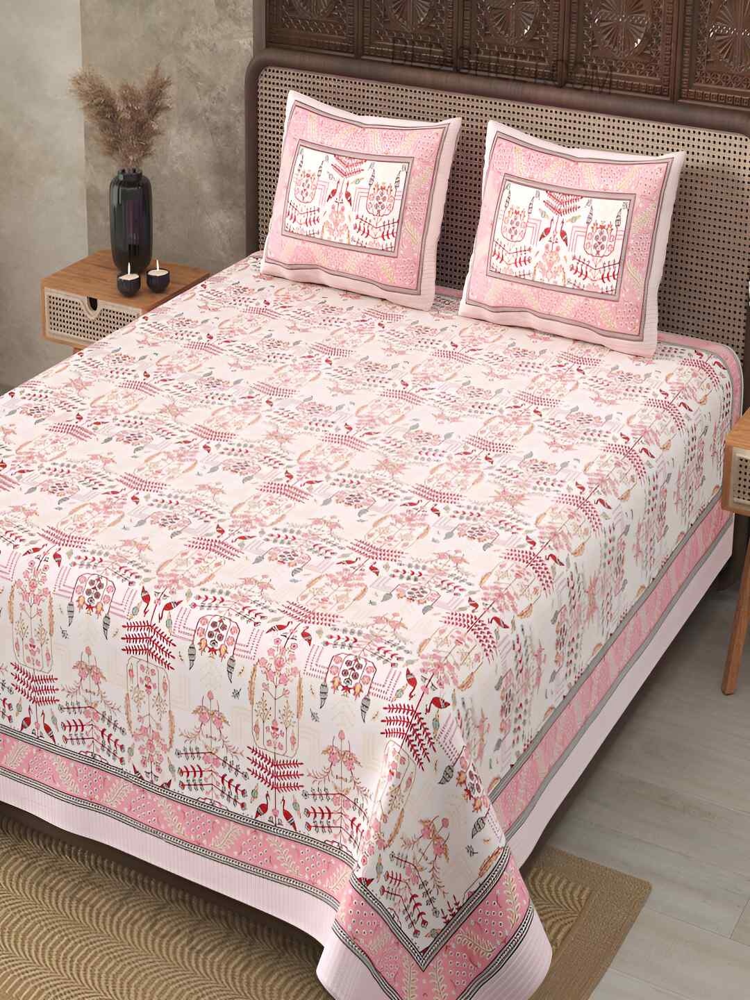 

BED-SHEET.COM Pink & White Graphic Pure Cotton 240 King Bedsheet with 2 Pillow Covers