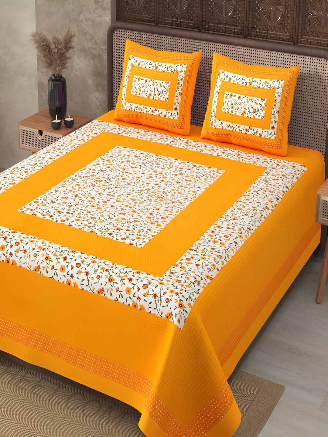 

BED-SHEET.COM Yellow & White Floral Cotton 240 TC King Bedsheet With 2 Pillow Covers