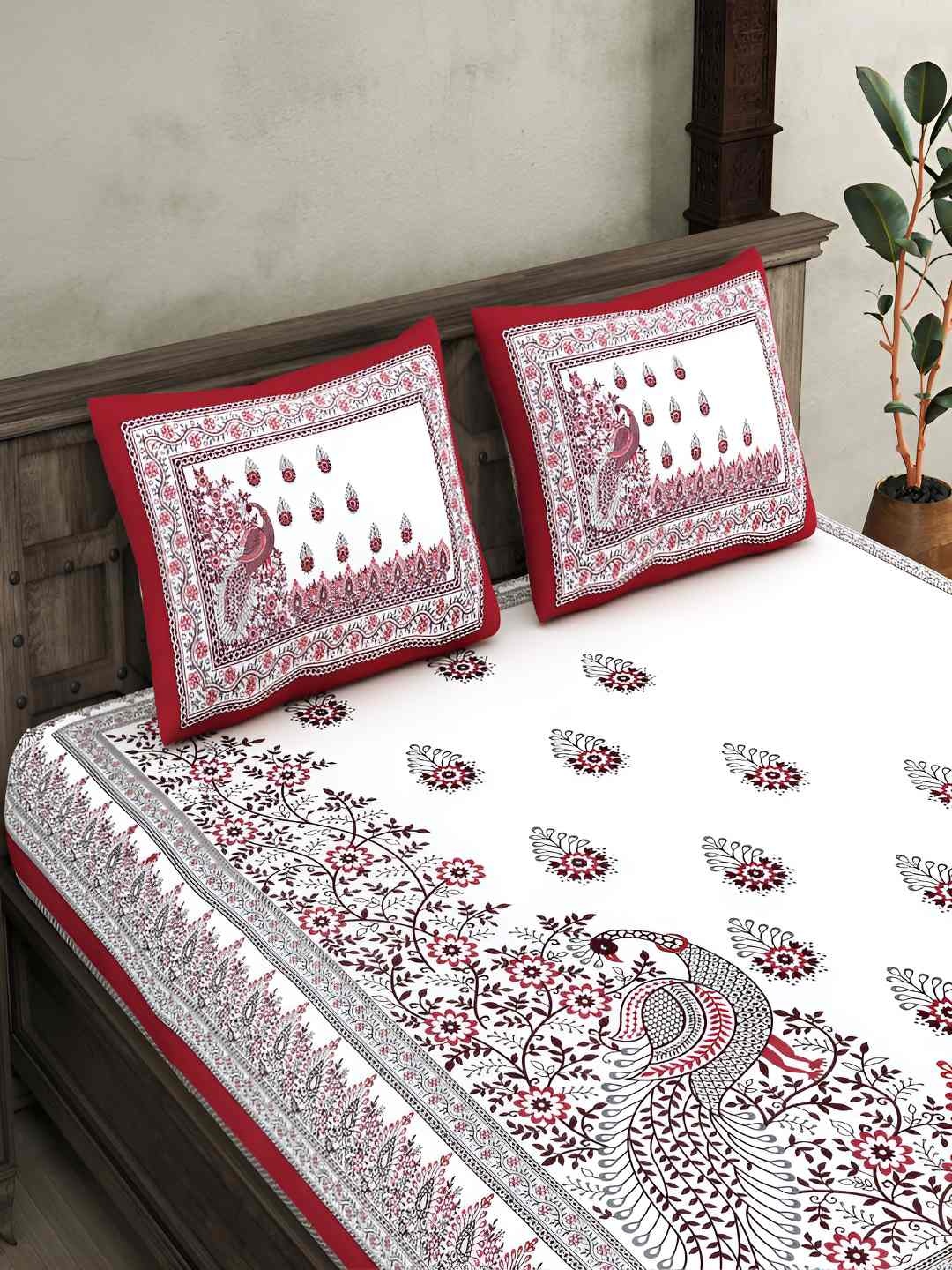 

BED-SHEET.COM Pink & Cream Ethnic Motifs Cotton 300 TC King Bedsheet With 2 Pillow Covers