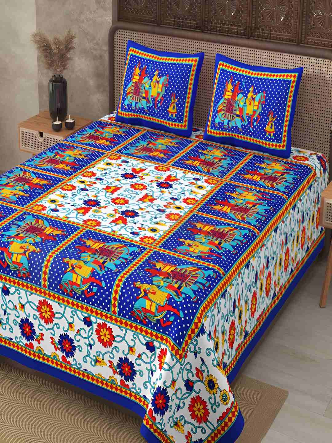 

BED-SHEET.COM Blue & White Ethnic Motifs Cotton 140 TC King Bedsheet With 2 Pillow Covers
