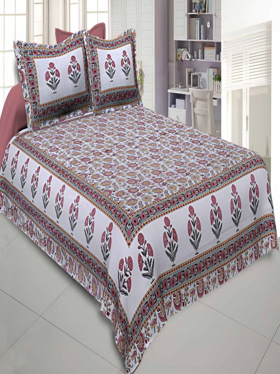 

BED-SHEET.COM Brown & White Floral Cotton 140 TC King Bedsheet With 2 Pillow Covers