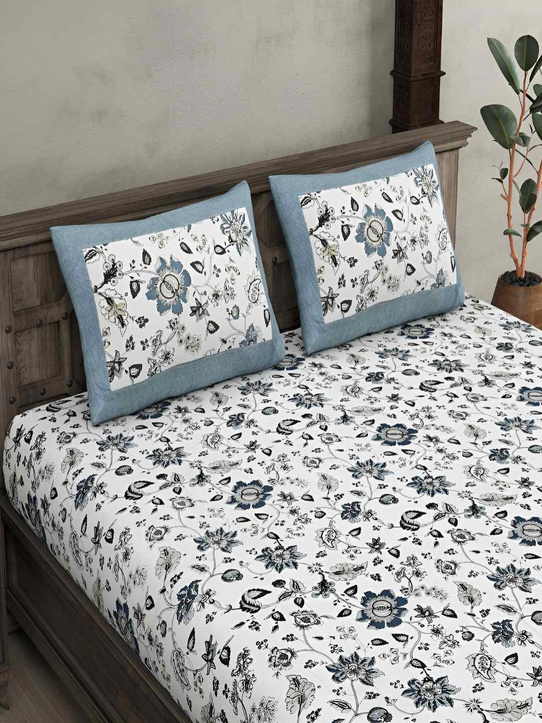 

BED-SHEET.COM Blue & White Floral Cotton 300 TC King Bedsheet With 2 Pillow Covers