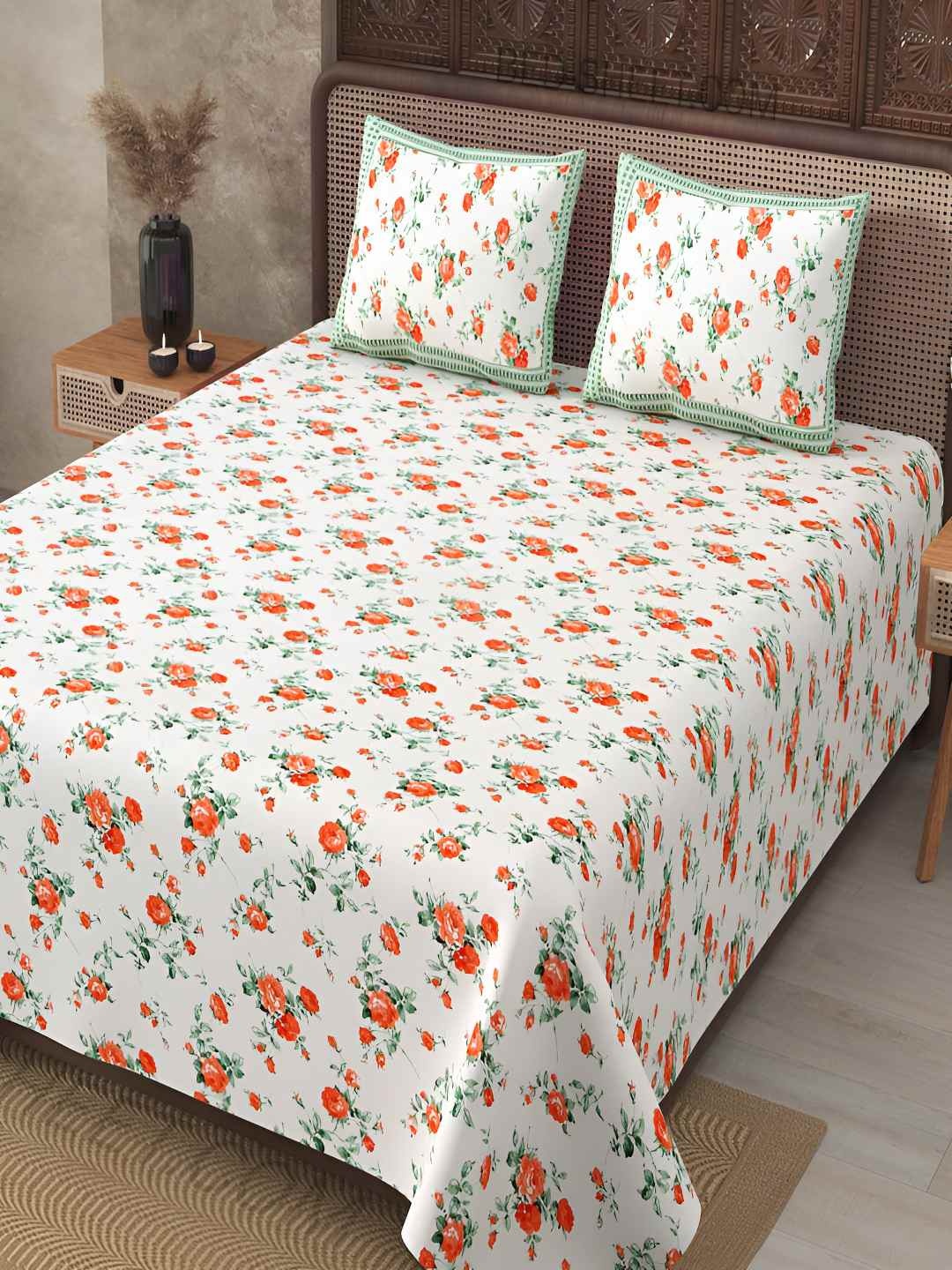 

BED-SHEET.COM White & Green Floral Cotton 240 TC King Bedsheet With 2 Pillow Covers