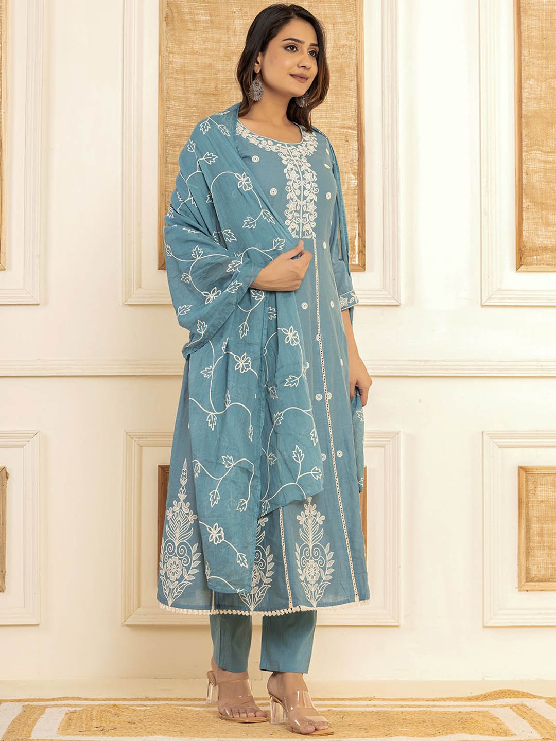 

Yufta Floral Embroidered Regular Thread Work Pure Cotton Kurta with Trouser & Dupatta, Blue