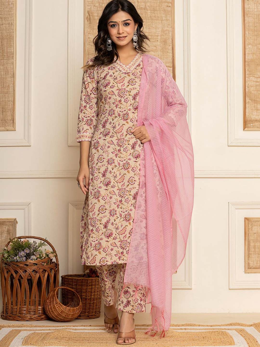 

Yufta Beige Floral Printed Pure Cotton Straight Kurta with Trousers & Dupatta