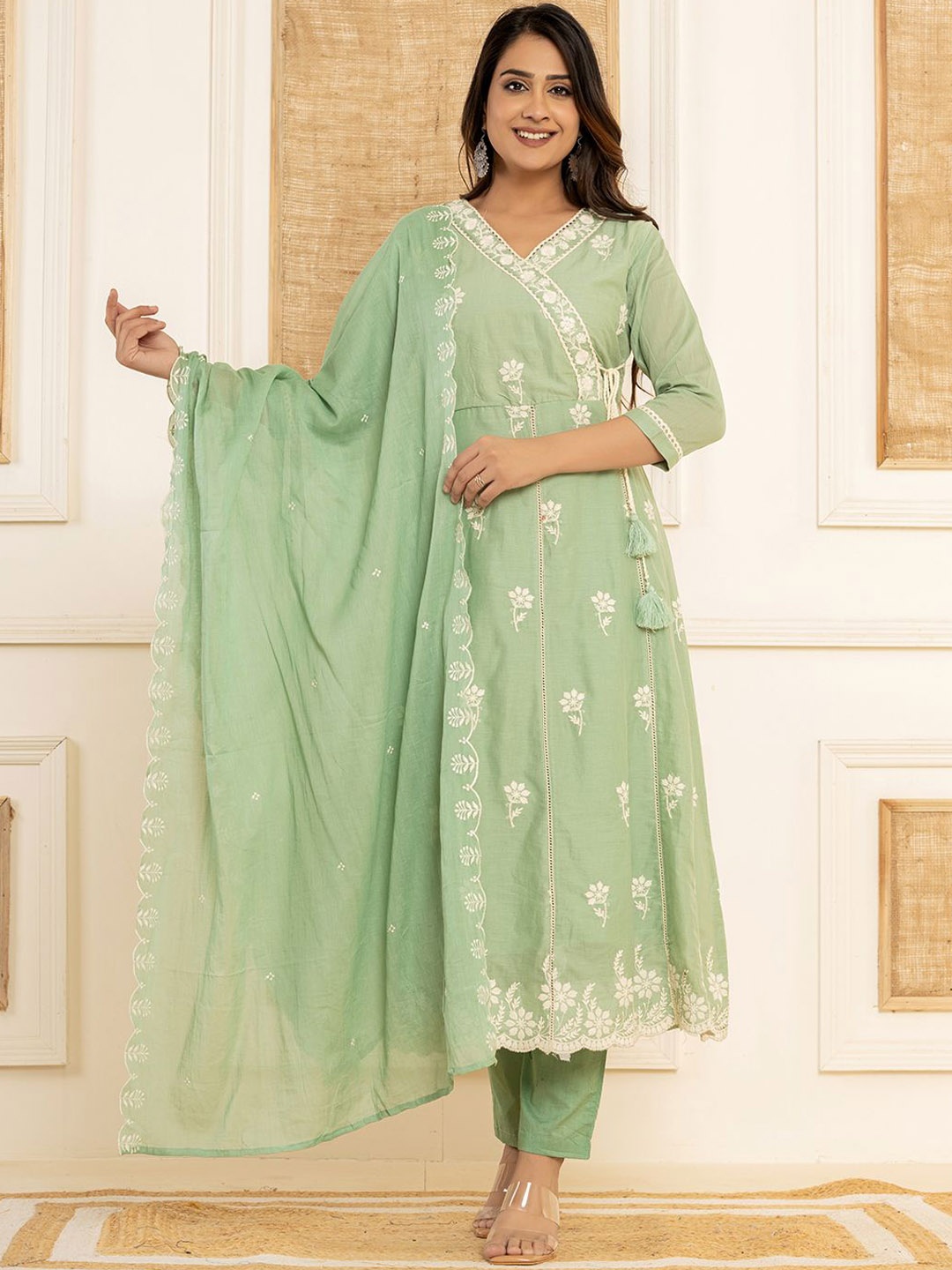 

Yufta Floral Embroidered Angrakha Thread Work Pure Cotton Kurta with Trouser & Dupatta, Sea green