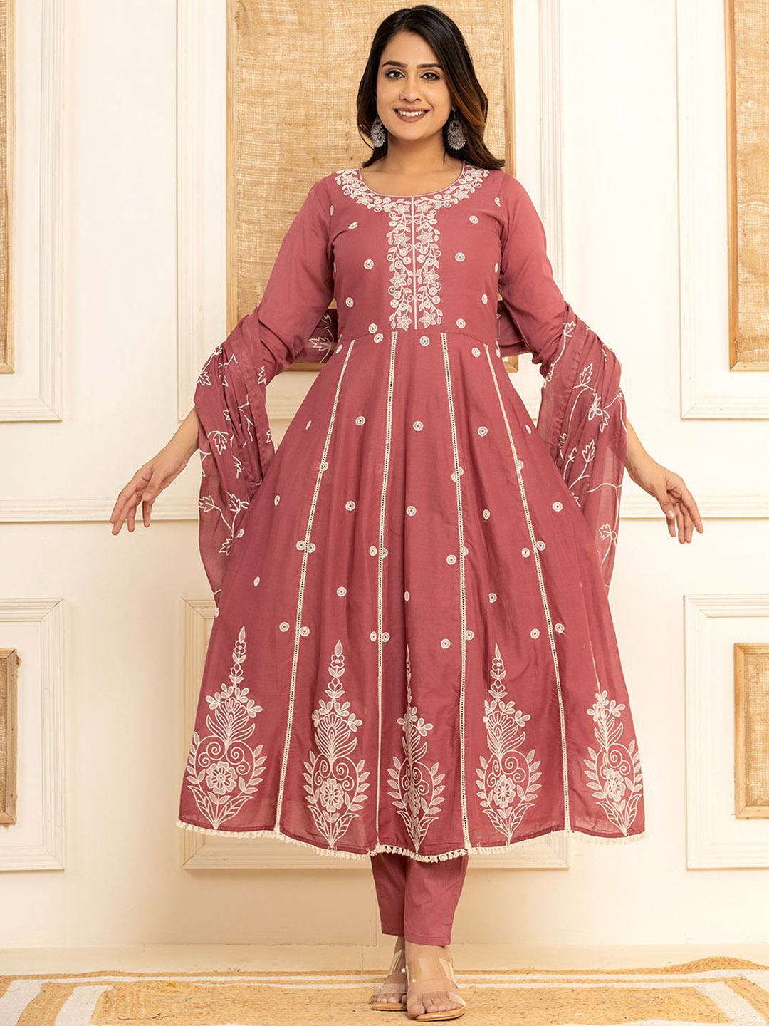 

Yufta Ethnic Motifs Embroidered Thread Work Pure Cotton Kurta with Trouser & Dupatta, Purple