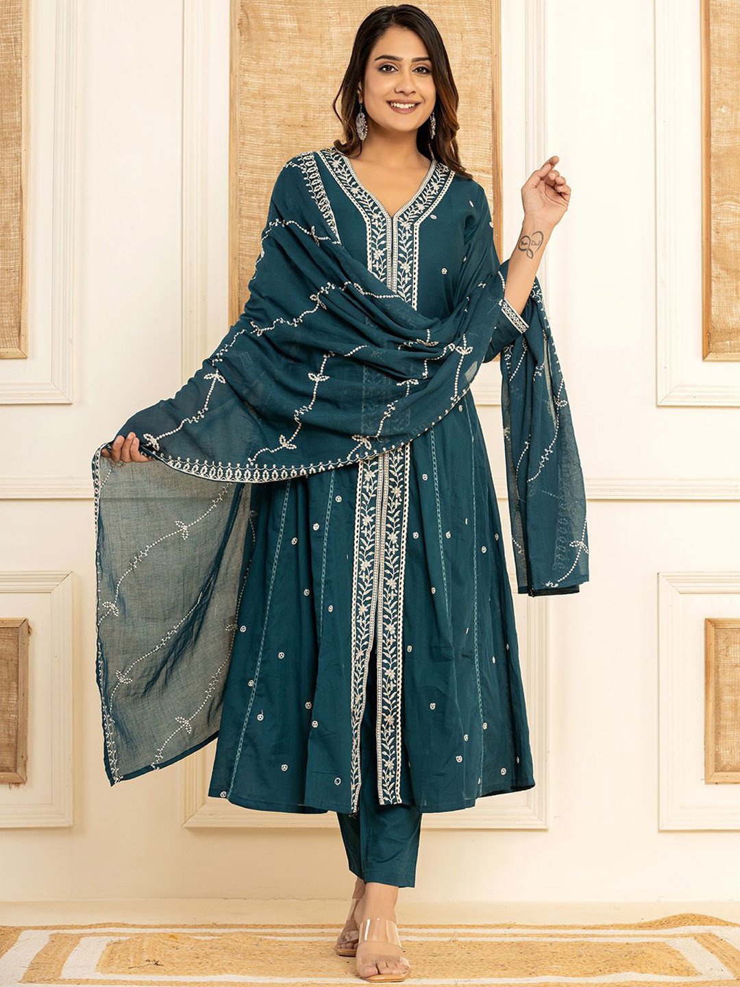 

Yufta Floral Embroidered Thread Work Pure Cotton A-Line Kurta With Trousers & Dupatta, Teal