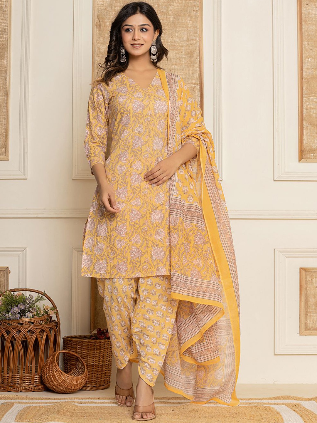 

Yufta Floral Printed Pure Cotton Straight Kurta with Dhoti Pant & Dupatta, Yellow