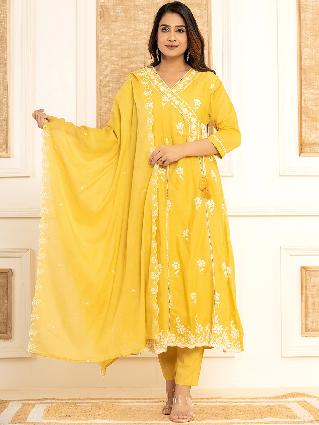 

Yufta Ethnic Motifs Embroidered Angrakha Pure Cotton Kurta with Trouser & Dupatta, Mustard