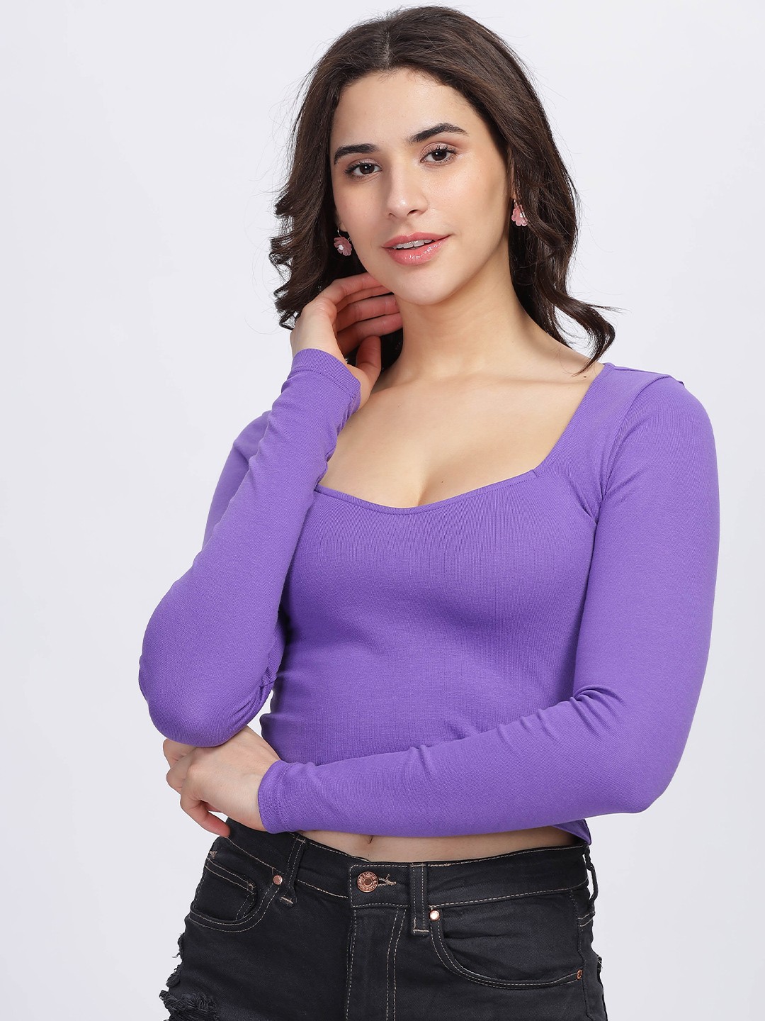 

SILISOUL Sweetheart Neck Fitted Cotton Top, Purple