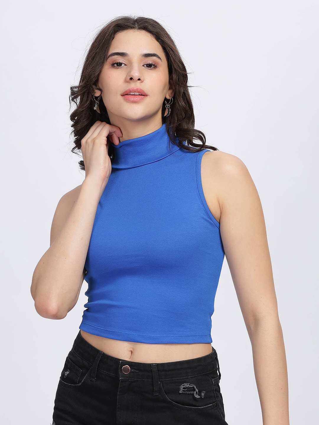 

SILISOUL Turtle Neck Fitted Cotton Crop Top, Blue