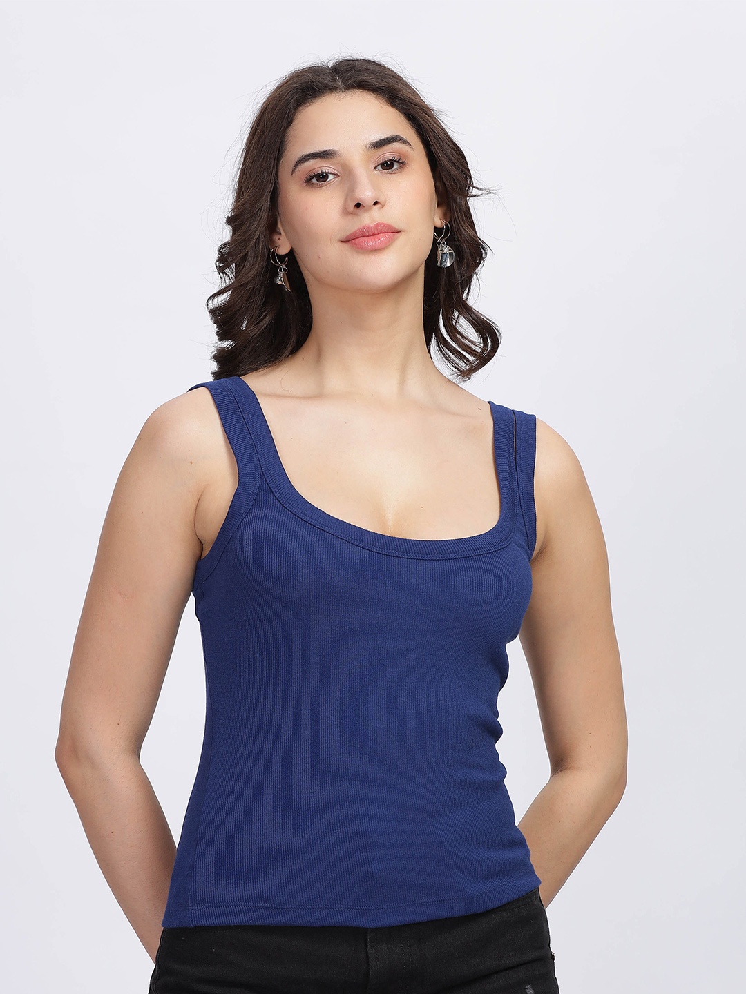 

SILISOUL Ribbed Sleeveless Fitted Top, Blue