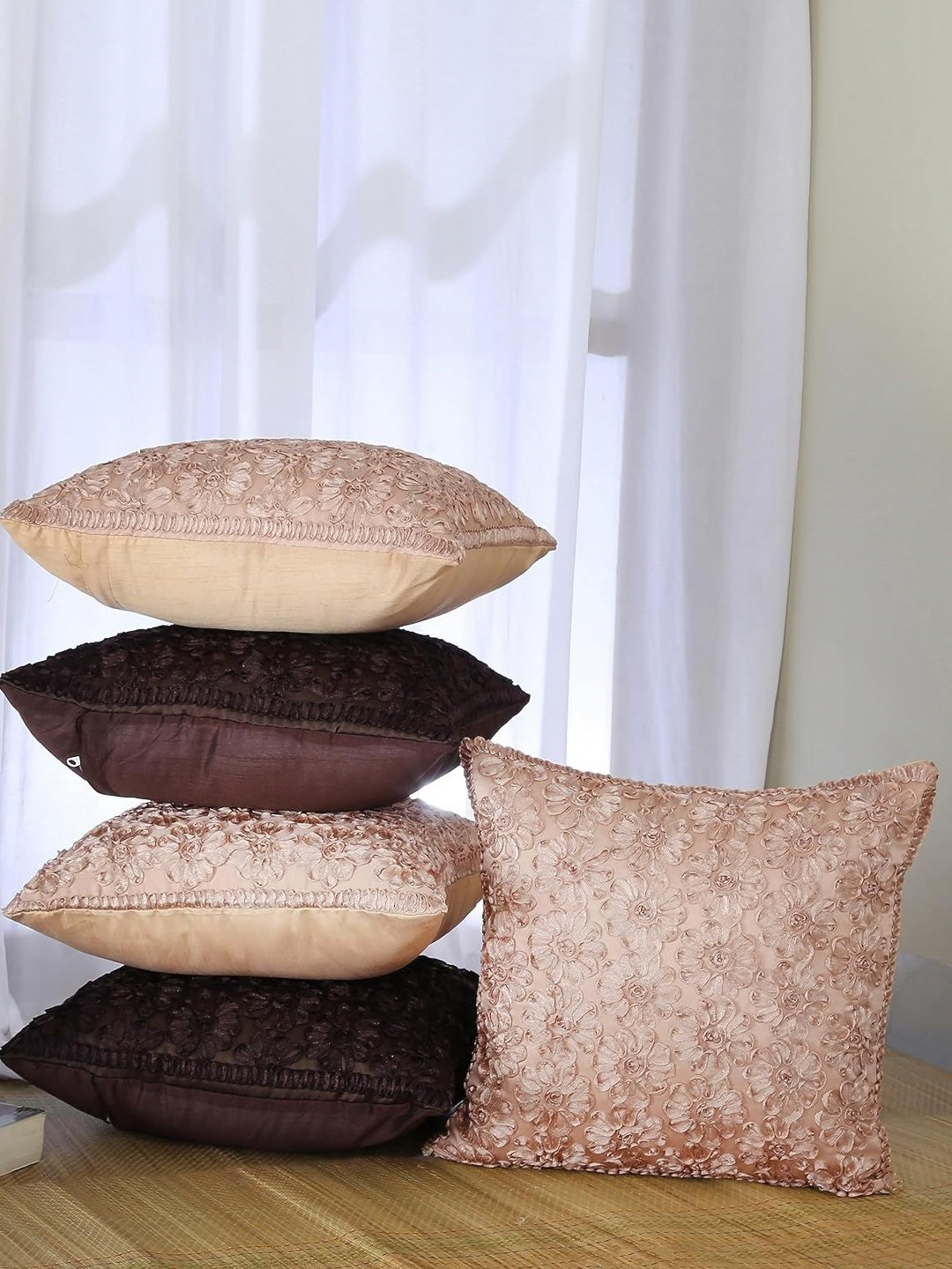 

Homerz Beige & Brown 5 Pieces Floral Velvet Square Cushion Covers