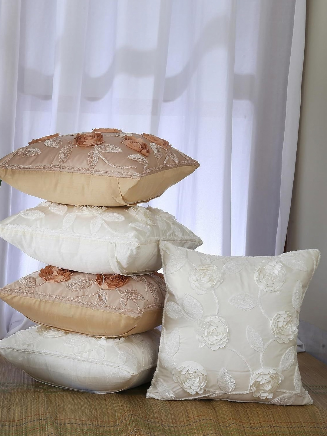 

Homerz White & Beige 5 Pieces Floral Velvet Square Cushion Covers