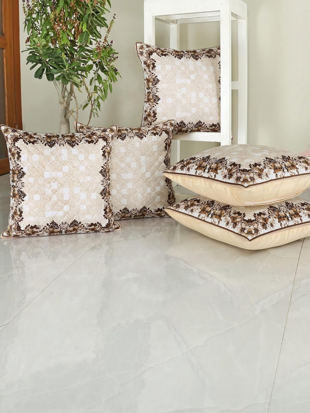 

Homerz Beige & Brown 5 Pieces Geometric Velvet Square Cushion Covers