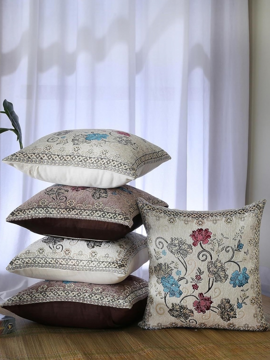 

Homerz White & Brown 5 Pieces Floral Velvet Square Cushion Covers