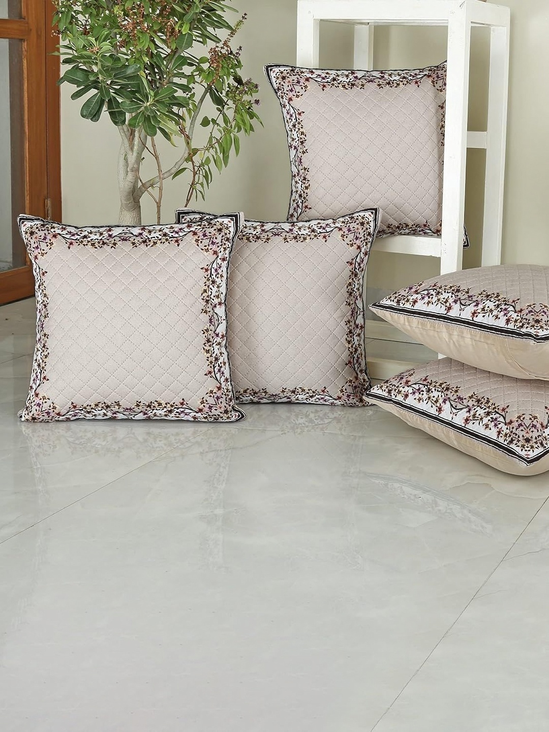 

Homerz Beige & White 5 Pieces Geometric Velvet Square Cushion Covers