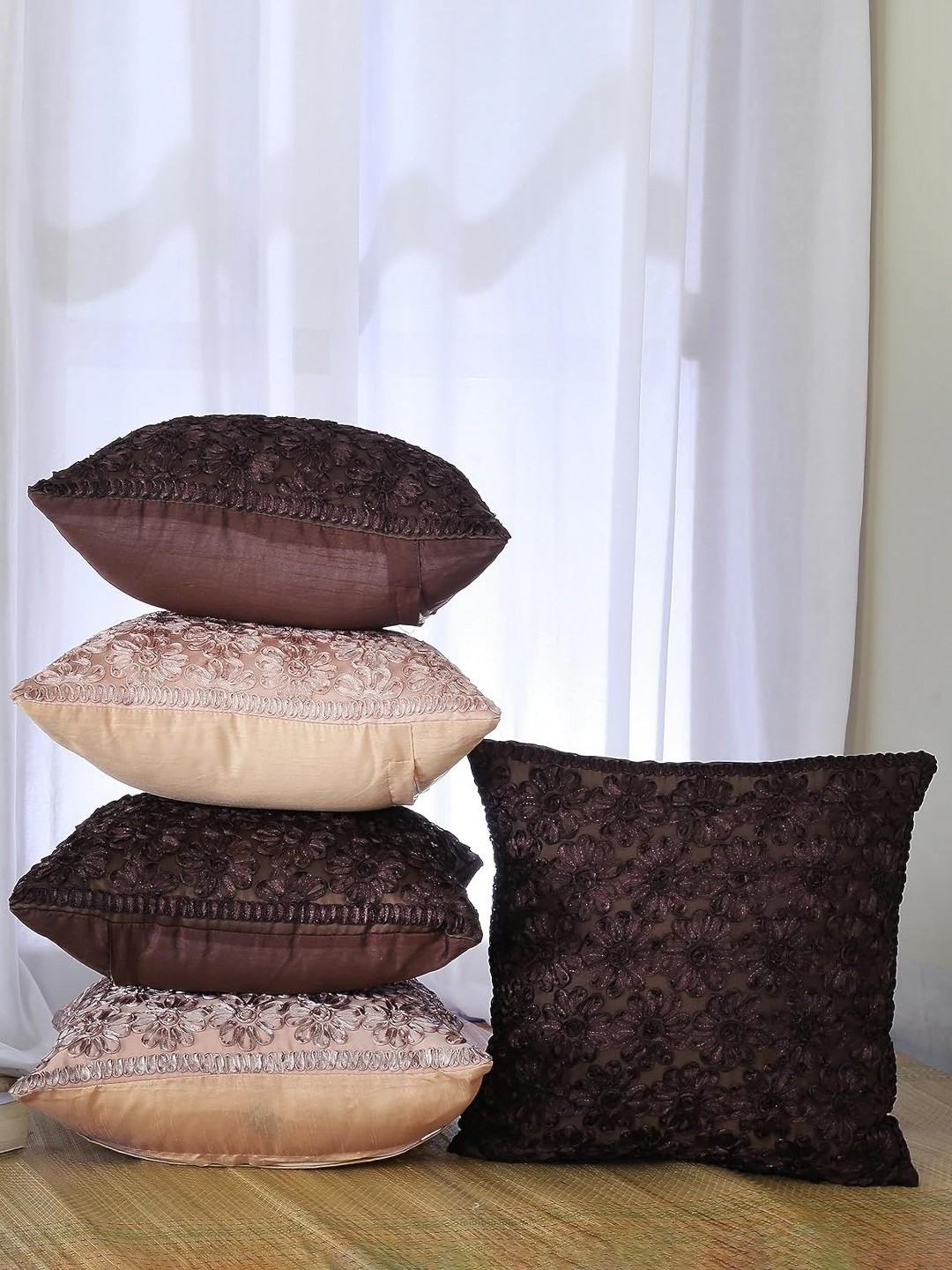 

Homerz Beige & Brown 5 Pieces Floral Velvet Square Cushion Covers