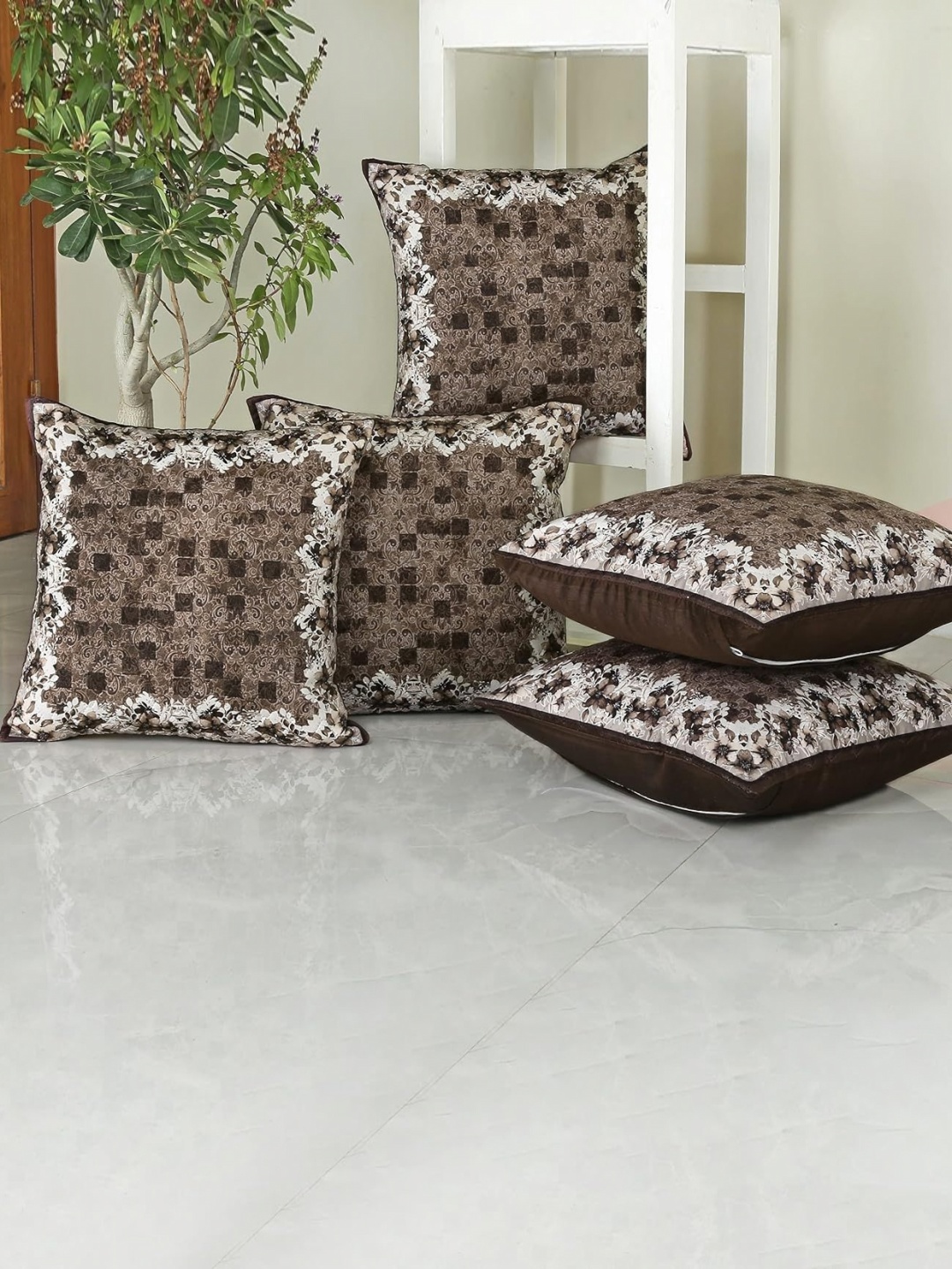 

Homerz Brown & White 5 Pieces Floral Velvet Square Cushion Covers