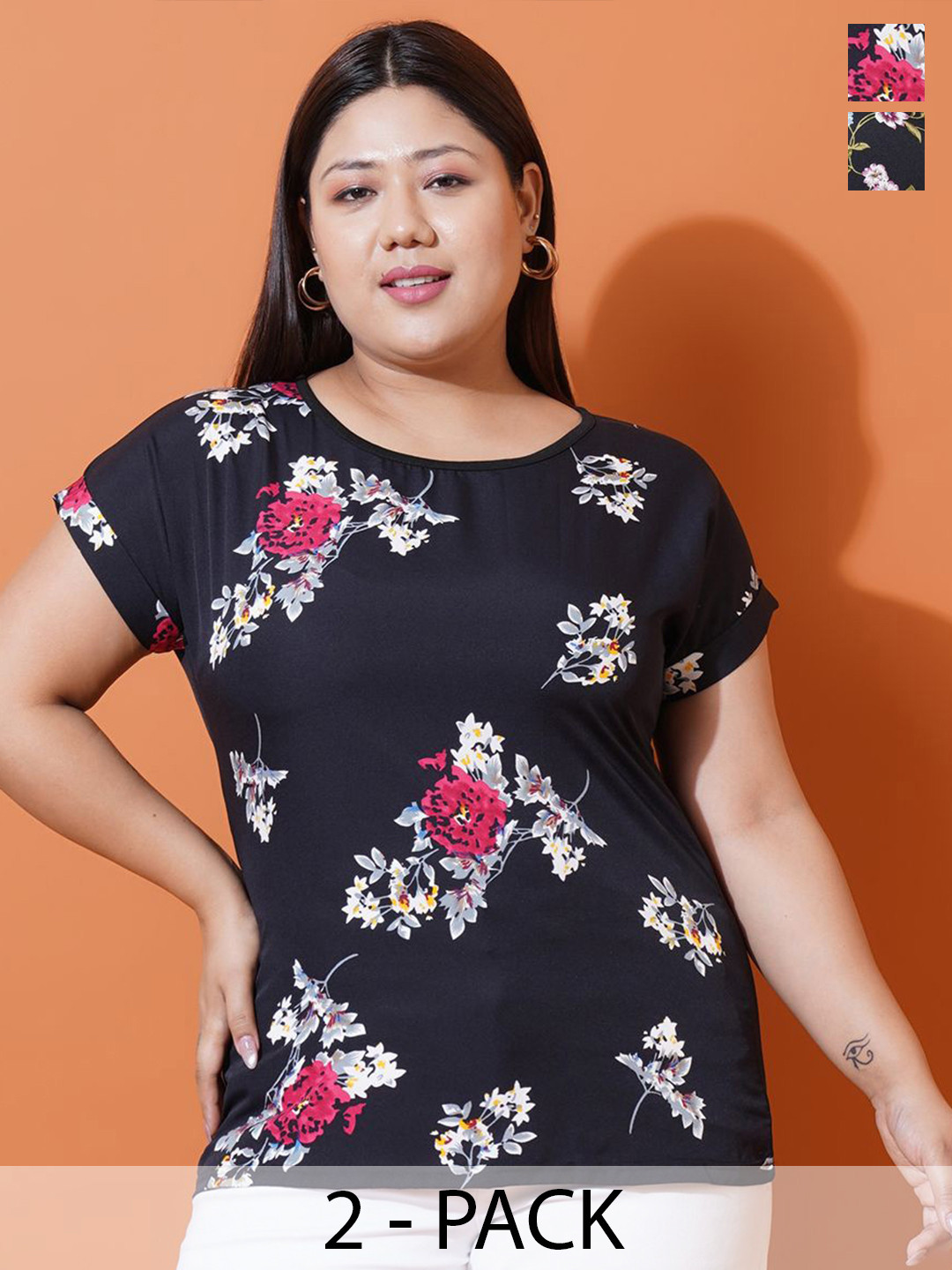 

U&F Beyond Women Set Of 2 Floral Printed Round Neck T-shirts, Black