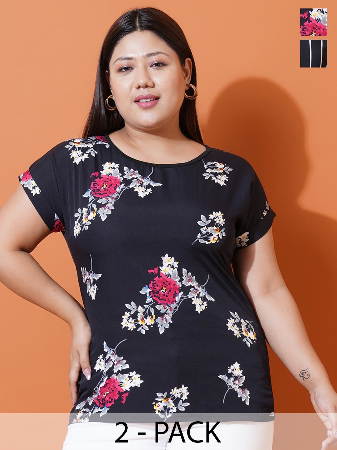 

U&F Beyond Plus Size Set Of 2 Floral Printed Round Neck Slim Fit T-shirts, Black