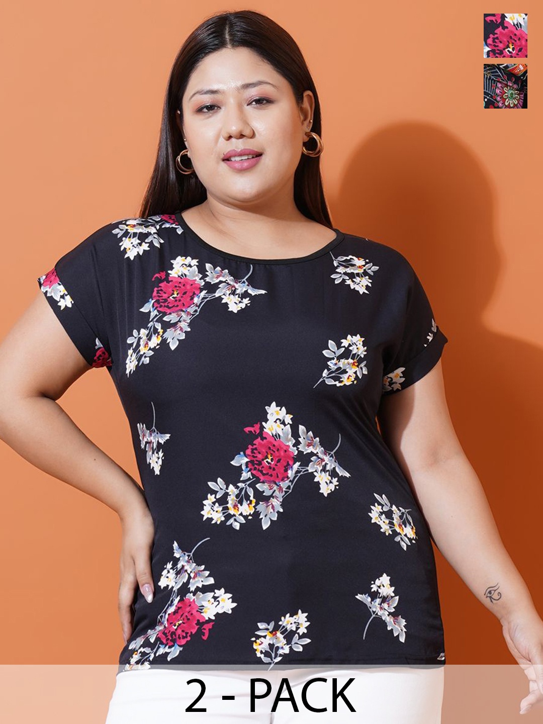 

U&F Beyond Plus Size Pack Of 2 Floral Printed Round Neck Slim Fit T-shirts, Black