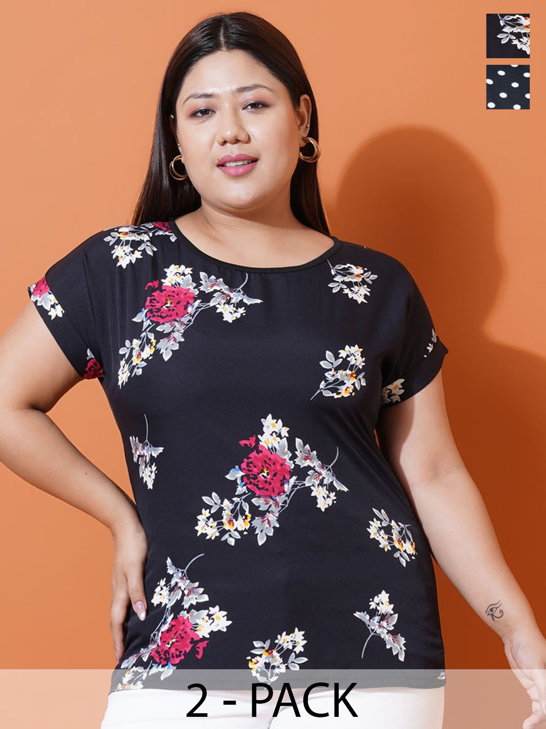 

U&F Beyond Pack Of 2 Floral Printed Extended Sleeves Slim Fit T-shirts, Black